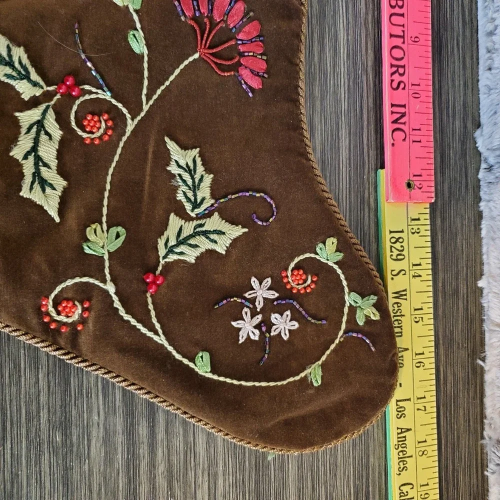Prima Creations Beaded Floral Christmas Stocking Brown Green Velvet 17‎ Inch